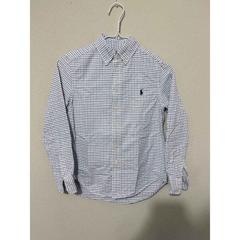 Ralph‎ Lauren Button Down Shirt Boys 10 Blue White Grid Check Long Sleeve Pony